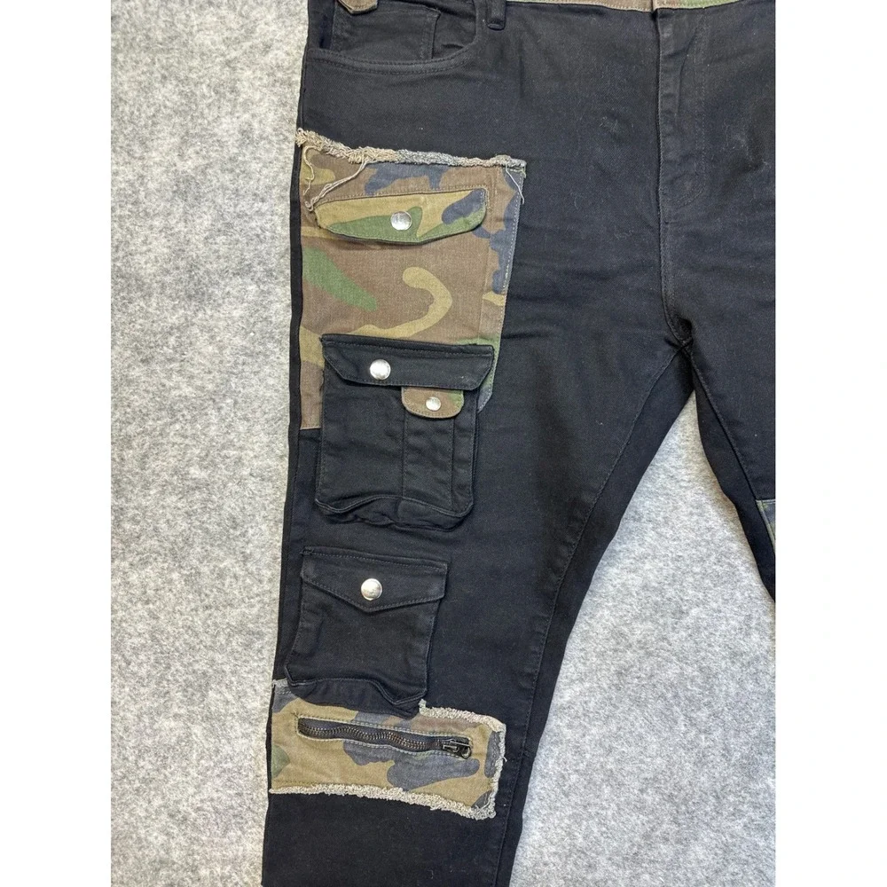 Embellish Cargo Pants Mens 42 Black Camo Patchwork Distressed Tapered Streetwear